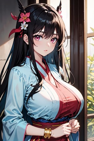 masterpiece, best quality, absurd, 1 girl, alone, black hair, long hair, bangs, pink eyes, big breasts, hanfu, bracelet, hair ornament, yaoyao, Read Desc,