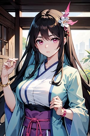 masterpiece, best quality, absurd, 1 girl, alone, black hair, long hair, bangs, pink eyes, big breasts, hanfu, bracelet, hair ornament,yaoyao,Read Desc