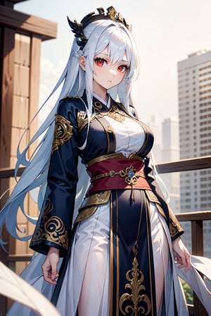 masterpiece, best quality, absurd, 1 girl, white hair, long hair, bangs, red eyes, big breasts, hanfu, blue hair,JingliuHSR,Cold look,Chinese general