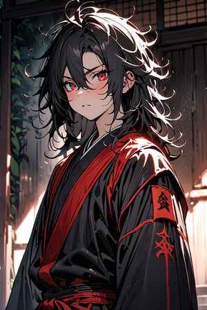 masterpiece, best quality, absurd, young man, shoulder length hair, black hair, messy hair, red eyes, short stature, martial clothing