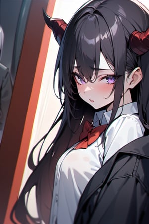 masterpiece, best quality, absurd, long voluminous hair, black hair, 4 demon horns, purple eyes, school uniform, black jacket, white shirt, red bow tie, red skirt