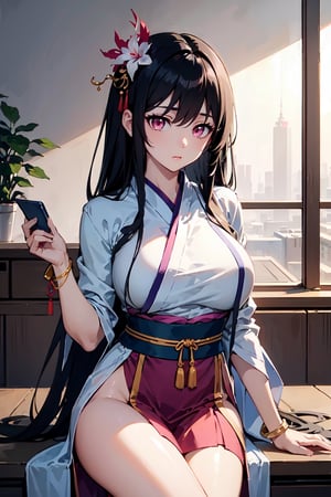 masterpiece, best quality, absurd, 1 girl, alone, black hair, long hair, bangs, pink eyes, big breasts, hanfu, bracelet, hair ornament, yaoyao, Read Desc,