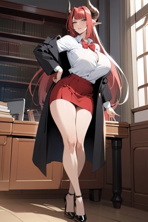 masterpiece, best quality, absurd, long hair, red hair, blue eyes, school uniform, black jacket, white shirt, red bow tie, red skirt,
mature woman, big breasts, long legs, dragon horns,lorraine