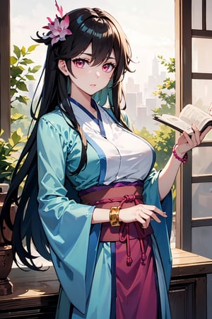 masterpiece, best quality, absurd, 1 girl, alone, black hair, long hair, bangs, pink eyes, big breasts, hanfu, bracelet, hair ornament, yaoyao, Read Desc,