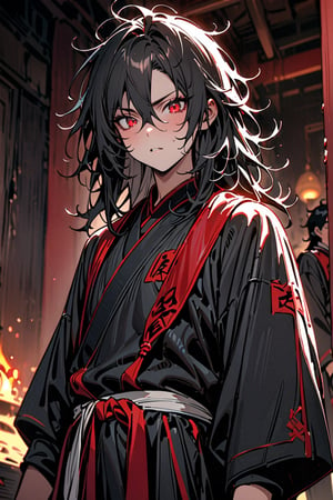 masterpiece, best quality, absurd, young man, shoulder length hair, black hair, messy hair, red eyes, short stature, martial clothing