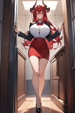 masterpiece, best quality, absurd, long hair, red hair, blue eyes, school uniform, black jacket, white shirt, red bow tie, red skirt,
mature woman, big breasts, long legs, dragon horns