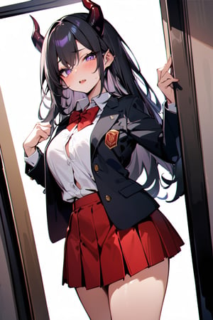 masterpiece, best quality, absurd, long voluminous hair, black hair, 4 demon horns, purple eyes, school uniform, black jacket, white shirt, red bow tie, red skirt