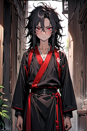 masterpiece, best quality, absurd, young man, shoulder length hair, black hair, messy hair, red eyes, short stature, martial clothing