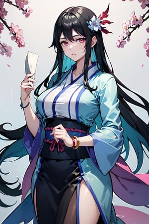 masterpiece, best quality, absurd, 1 girl, alone, black hair, long hair, bangs, pink eyes, big breasts, hanfu, bracelet, hair ornament, yaoyao, Read Desc,