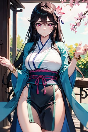 masterpiece, best quality, absurd, 1 girl, alone, black hair, long hair, bangs, pink eyes, big breasts, hanfu, bracelet, hair ornament,yaoyao,Read Desc