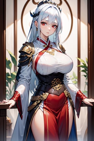 masterpiece, best quality, absurd, 1 girl, white hair, long hair, bangs, red eyes, big breasts, hanfu, blue hair,JingliuHSR,Cold look,Chinese general