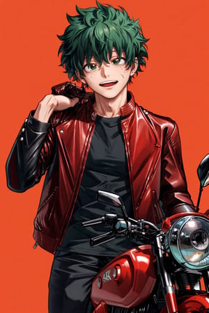 midoriya izuku, body paint, a scar, 4k, (robotic left arm) (red hair), black t-shirt with red, (leather motorcycle jacket)