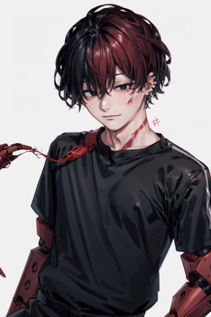 midoriya izuku,uniformsbodypaint: a scar on the right eye,4k,(robotic left arm)(dark red hair),black t-shirt