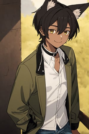 a young man, black hair color, medium short hair at neck length that completely covers his ears, brown eye color, small fox ears, slim build, light dark skin color, long green jacket, unbuttoned and with raised collar, a white shirt, jeans, dark brown eyes and a smile