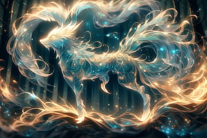9 tails fox  in dark forest, shimmering light shining , the body was full of zen tangles patterns, shine. 
4 legs , trying to jump
With shining long hair and wavy tails
Masterpiece, 8k , full of details 