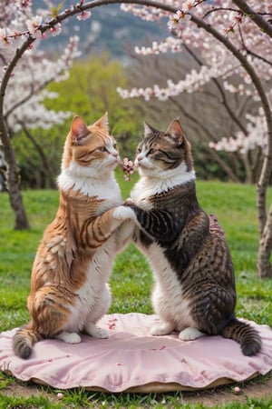 2 cats of different colors, sitting in a circle overlooking the ground, their long tails form the heart shape
 with cherry blossoms in the background, looking from the ground to the sky, realistic photo style,more detail XL,Xxmix_Catecat
