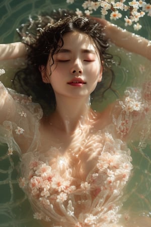 Solo asian girl, beauty, nude, covered by transparent dress, with lace,  lying down in water
dreamt of being enveloped by the gentle rhythm of water, my heart wandering through a realm of floral fragrance. Daisy , 
eyes closed. no makeup, long eyes, beauty, Korean idol
Masterpiece, details, big breast, 8k 

