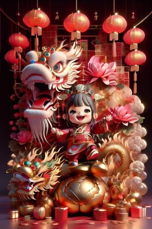chinese baby girl singing with happy face , chinese greetings hand gestures 
background with lotus, Chinese dragon 
new year , coins 