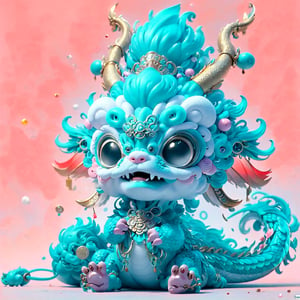 solo, handsomen-female-dragon,(wearing a headphone:1.3), holding, sitting, closed mouth, tail, full body,(red body), wings, horns, light pink background, black eyes, gradient, gradient background, no humans, claws, pink ribbon 

chinese new year backgorung , coins , lion dance, 