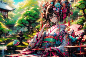 japanese girl in traditional dress, sitting in a garden,Masterpiece