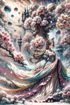 pretty girl , full makeup , big eyes , cats ears , smile looking far away ,in an elaborate costume,  in a fantasy landscape filled with floating planets, ((dreamy atmosphere)), magical, vivid colors, ((otherworldly)), detailed fantasy setting, (best quality),

full body long legs , detailed dress, walking downstairs , full of flowers , windy , wavy