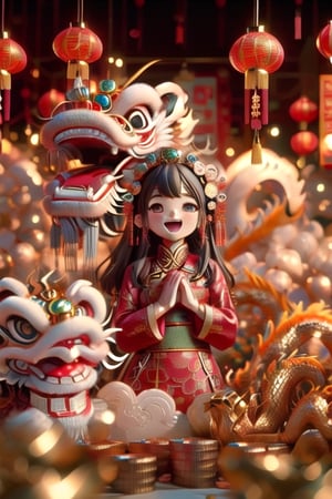 chinese girl singing with happy face , praying hands , fingers up
background with lion dance , Chinese dragon 
new year , coins 