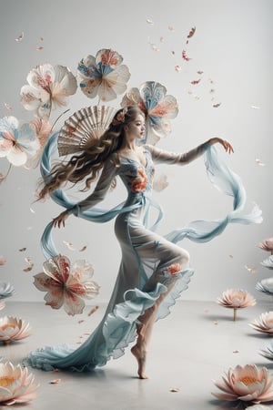  girl dancing, with very long sleeves like waves, long wavy dress like tails, long legs, a fan of flower as background , white pale background 