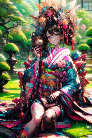 japanese girl in traditional dress, sitting in a garden,Masterpiece
holding an umberlla 