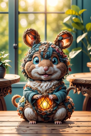 There is a bohemian-style hamster made of wool Crochet on the table, super three-dimensional, super 3D, super gorgeous and exquisite,face right, long tails,  long fury, big eyes and big ears
, commercial and professional photography, high quality, high image quality, super delicate

in the room of sunset , sun beams, colour flowers, scraft, woody 