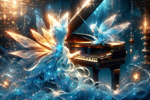 gaint grand piano (piano 3:1) is made of gems and diamonds, shining, stars all over the photo(3:1)
, shimmering light shining , the piano was full of zen tangles patterns, shine , With shining long hair and wavy tails
a small fairy is sitting in playing that piano
Masterpiece, 8k , full of details 