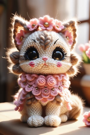 There is a bohemian-style cat made of wool Crochet on the table, super three-dimensional, super 3D, super gorgeous and exquisite, long fury, big eyes and big ears
, commercial and professional photography, high quality, high image quality, super delicate

in the room of sunset , sun beams, pink flowers, woody 