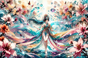 Aerial camera perspective, a Taiwanese beauty, barefoot, dancer's Iridescent Organza clothes, in deep water, turns the clothes into flowing colored luminous transparent liquids, blends into the water and splashes into flowers, dancing with graceful posture, real style, wide angle , ultra-high quality, exquisite details, clear and exquisite face