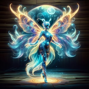 dark background. outline of a fairy in font of big moon-shape-flower-ring, dancing pose, sexy and long legs , long dress as tails, out bright outline of all figures. 
masterpiece, 32k , outlines only
background with glowers and butterfly 
more details, details 