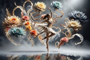 solo girl dancer dancing, with very long scarf like waves, long wavy tutu dress , long legs, a ring of flower as background , dark background , two-legs, two-hands 
water on floor and reflection of the image 
masterpieces , 16K , raw photo , feather , flower rings , complex background 