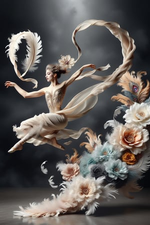  girl jump into the air , with very long scarf like waves, long ballet dress like tails, long legs, a ring of flower as background , dark background , feathers 
