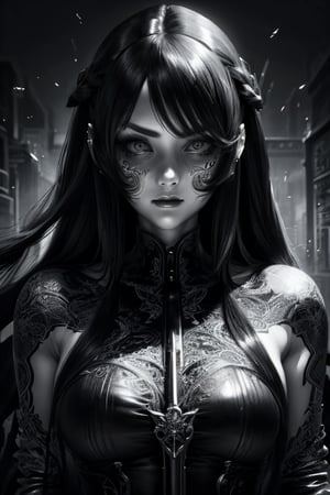, boichi manga style,monochrome,sketch, greyscale,solo_female,(beautiful detailed face:1.3),(black and long hair:1.4),(Random_hairstyle:1.5),normal size breasts, simple_background,full body, tattoo on breast, hold a scepter, real fingers 

background with clocks flying , 
