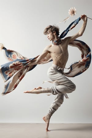 boy jumping. holding long scarf , in dance pose, long legs,  flower fan as background , white pale wall background 