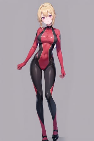 (solo, full body), AngelicaV4, very tight bodysuit, full-body body suit, (((red body suit))), mature female, tall body, slim body, standing, smiling, closed mouth, looking at the viewer, tilting head, tilting upper body, gray background, simple background