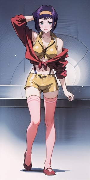 (solo, full body, front view), FV, yellow hairband, yellow shirt, red jacket, bare shoulders, suspender shorts, thighhighs tall body, slim body, standing, smiling, looking at the viewer, (one hand on hip, another hand behind the head), opening legs, separated thighs, black background, simple background