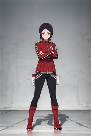 (masterpiece, solo, micro shot, full body), kitora ai, short hair, forehead, red jacket, black pants, red footwear, boots, standing, opening legs, crossed arms, looking at the viewer, smiling, simple background