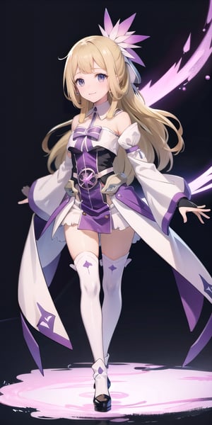 (solo, full body, front view), gray eyes, long hair, blonde hair, purple dress, wide white sleeves, purple ribbon, purple stockings, hair ornament, bare shoulders, detached sleeves, black gloves, blunt bangs, purple stockings,  magical girl, tall body, slim body, standing, smiling, looking at the viewer, opening legs, separated thighs, black background, simple background