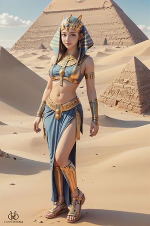 (masterpiece, full body), 1 girl, long hair, looking at the viewer, smiling, standing, jewelry, earrings, golden tiara, necklace, eye shadow, gold glow, engravings, egypt girl, (((egyptianworld))), outdoors, (pyramid, desert)