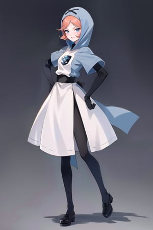 (solo, full body, front view), pkmntpg, orange hair, hood, white dress, blue gloves, black pantyhose, slim body, beautiful body, evil smiling, standing, one hand on hip, looking at the viewer, silver background, simple background