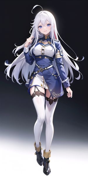 (solo, full body, front view), Lena, white hair, long hair, blue eyes, military uniform, garters, white thigh-highs, black footwear, long sleeves, tall body, slim body, standing, smiling, looking at the viewer, black background, simple background
