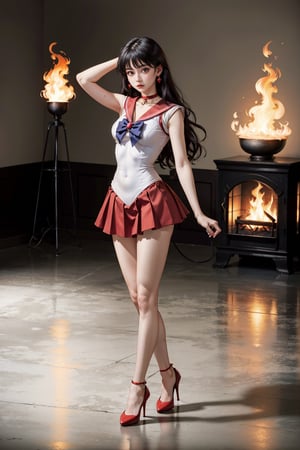 (masterpiece, full body), sailor mars, 1 girl, long hair, earrings, choker, short skirt, high heels, looking at the viewer, standing, indoors, fire background, blurry background