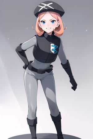 (solo, full body, front view), pkmntpg, orange hair, ((beret, grey bodysuit, vest, belt)), slim body, beautiful body, evil smiling, standing, one hand on hip, looking at the viewer, silver background, simple background