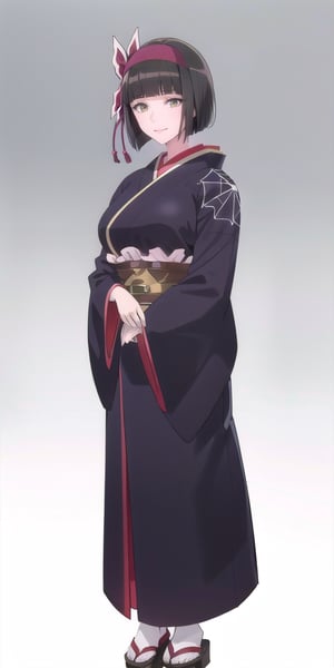 (solo, full body), mio, large breasts, makeup, large breasts, hairband, hair bow, hair ribbon, hair ornament, Japanese clothes, purple kimono, spider web print, black gloves, sash, obi, mature female, tall body, slim body, standing, closed mouth, evil smile, white background, simple background