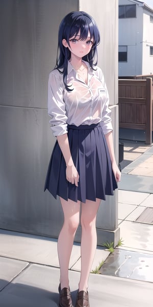 (solo, full body), aaanna, long hair, brown eyes, collarbone, collared shirt, white shirt, sleeves rolled up, pleated skirt, blue skirt, miniskirt, tall body, slim body, standing, closed mouth, (smiling, damp, raining, sweat), wet background, outdoors