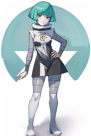 (solo, full body, front view), (female grunt), green hair, short hair, blunt bangs, green eyes, long sleeves, dress, pantyhose, logo, slim body, beautiful body, evil smiling, standing, one hand on hip, looking at the viewer, silver background, simple background