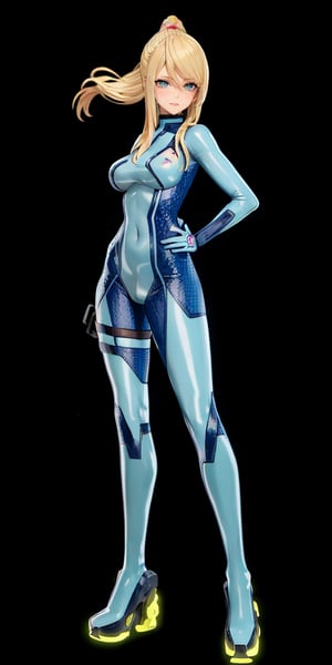 (solo, full body, front view), samus_aran, long hair, blue eyes, blonde hair, ponytail,  blue bodysuit, skin-tight, zero suit, hair movement, tall body, slim body, standing, one hand on hip, smiling, looking at the viewer, black background